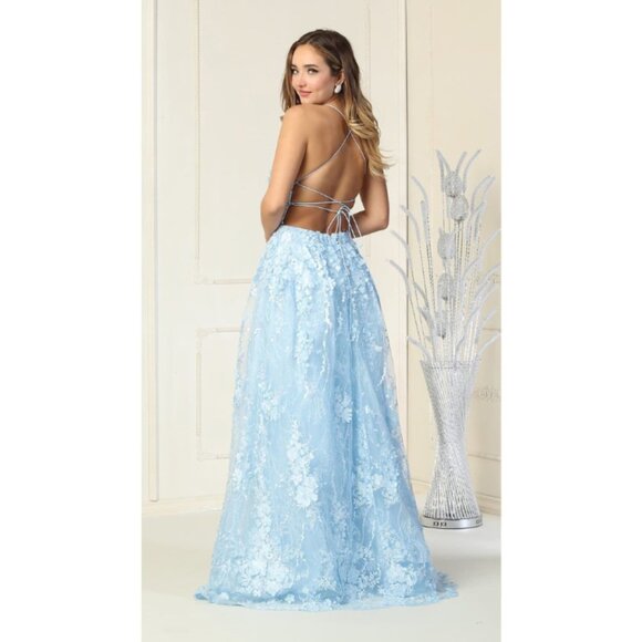 Baby Blue Formal Long V-Neck Sleeveless A-Line Dress By Royal Queen RQ7738